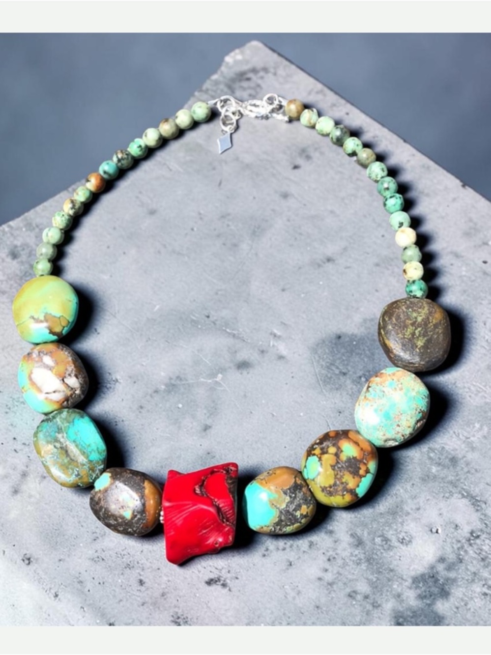 Genuine Native Turquoise Coral Sterling Necklace